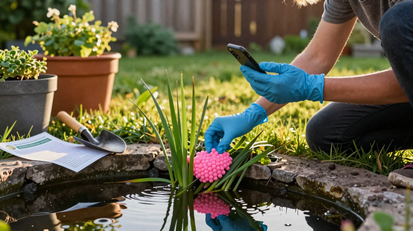 Pessoa com luvas azuis a colocar dispositivo rosa flutuante num lago enquanto consulta telemóvel no jardim.