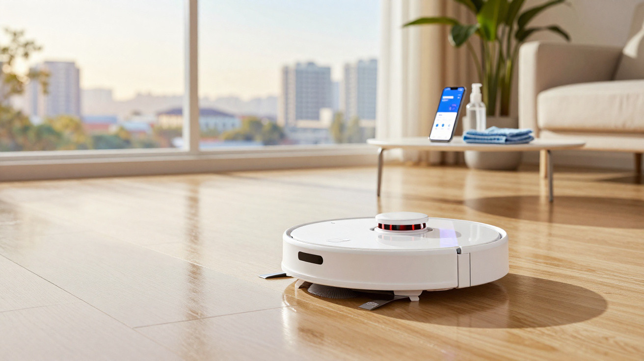 Robô aspirador branco a limpar chão de madeira numa sala luminosa com vista para edifícios.