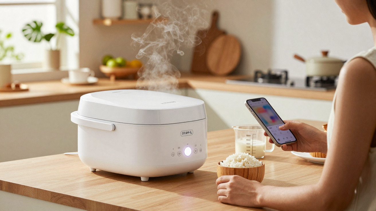 Panela elétrica de arroz branca a vapor e pessoa a usar telemóvel numa cozinha moderna.