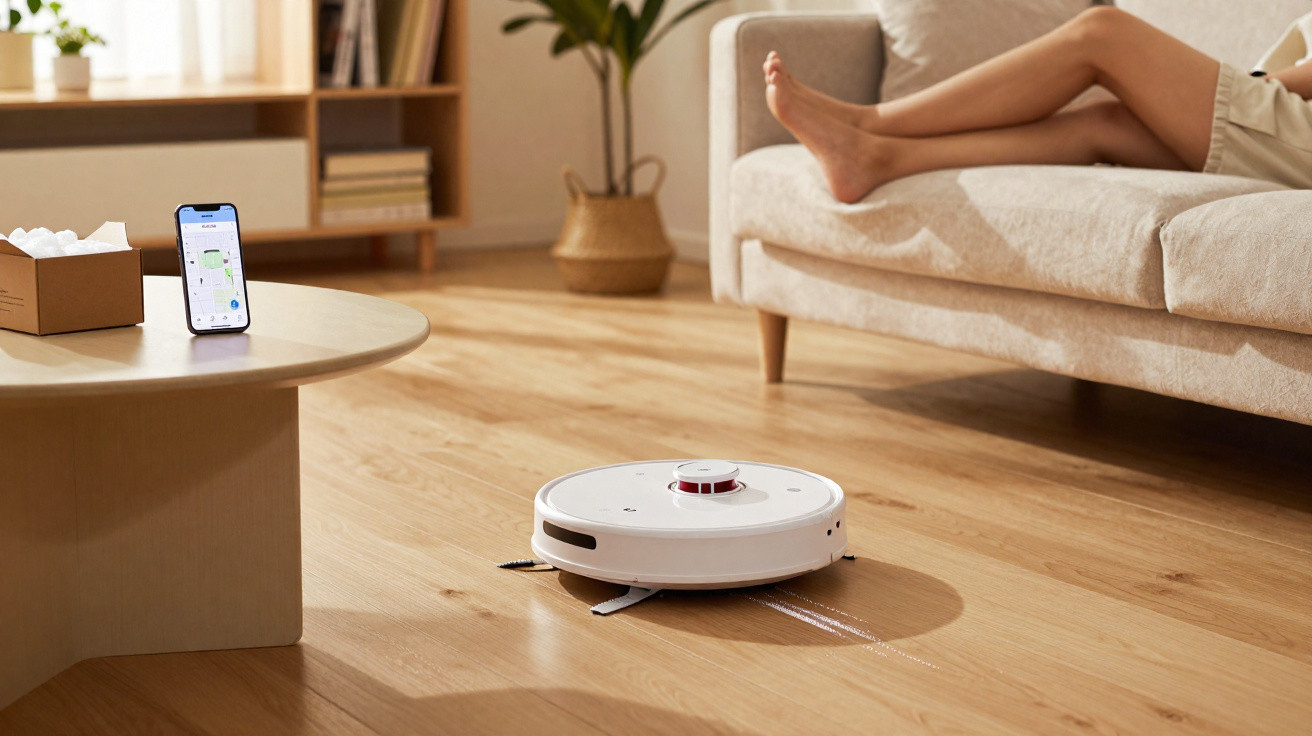 Robô aspirador a limpar chão de madeira numa sala com sofá e mesa baixa, telemóvel a mostrar aplicação.