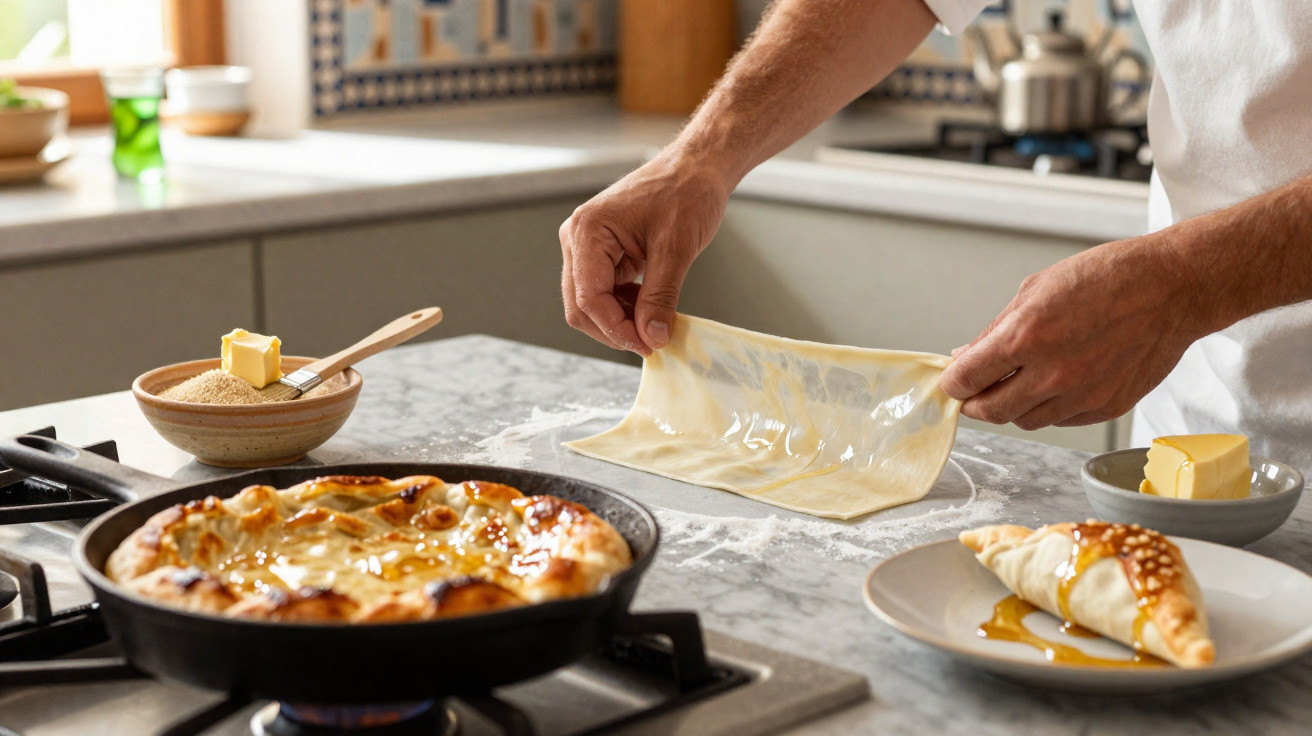 Mãos a esticar massa sobre bancada na cozinha com tarte no fogão e pastel com mel num prato.