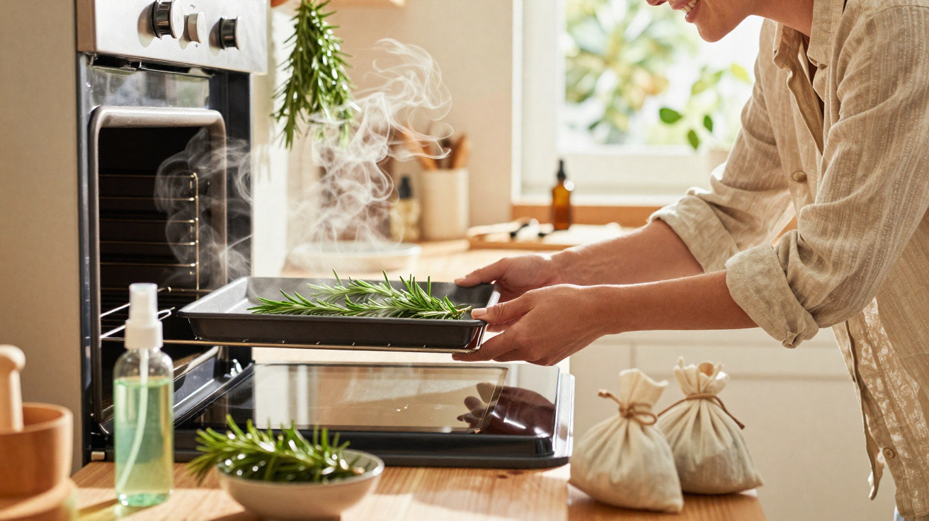 Pessoa a retirar assadeira com ervas aromáticas do forno numa cozinha iluminada, com vapor visível.