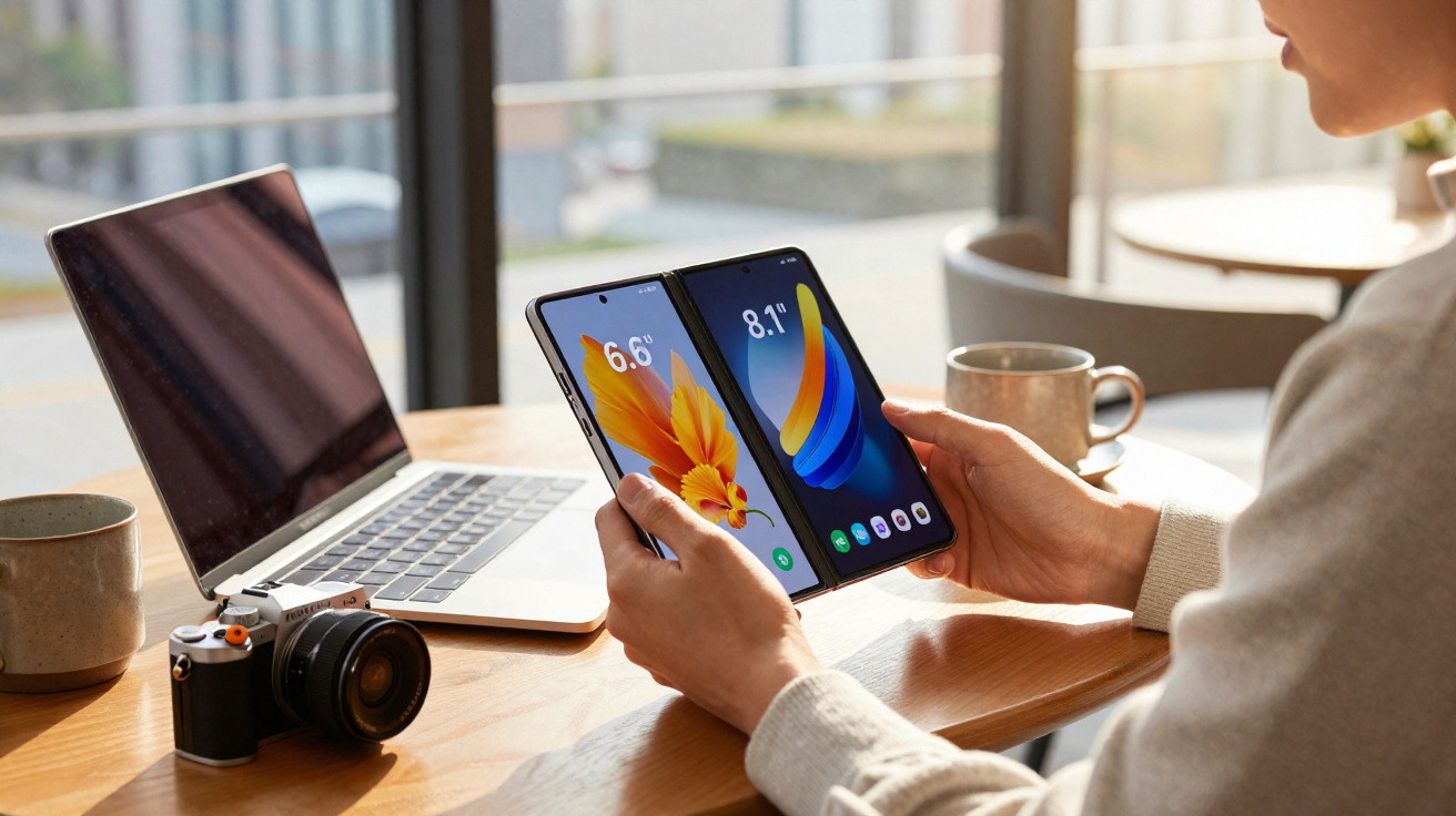 Pessoa a usar smartphone dobrável ao lado de computador portátil e câmara fotográfica numa mesa de madeira.