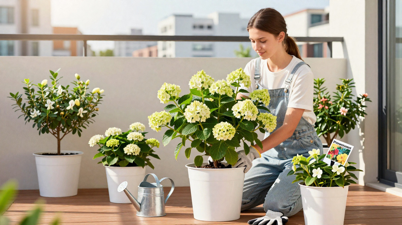 Mulher jovem a cuidar de planta com flores brancas num terraço com vasos e regador.