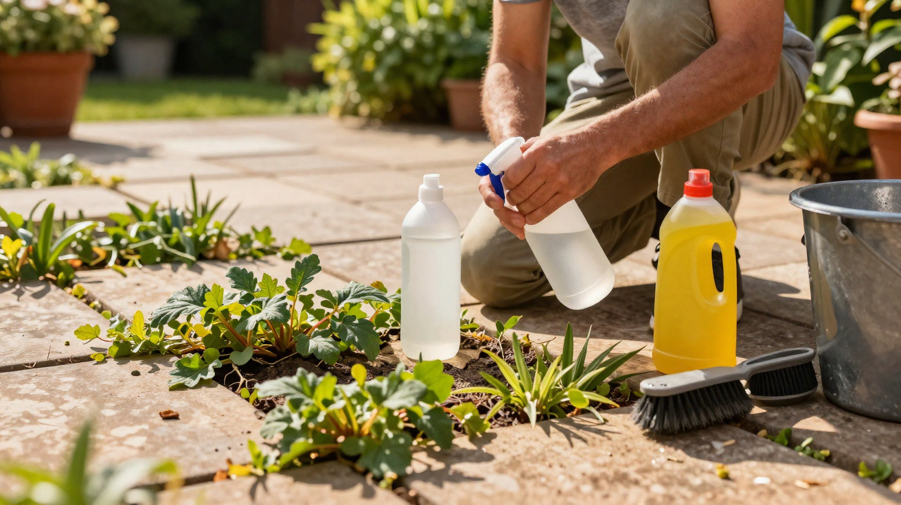Pessoa a pulverizar plantas numa calçada com produtos de limpeza e uma escova ao lado.