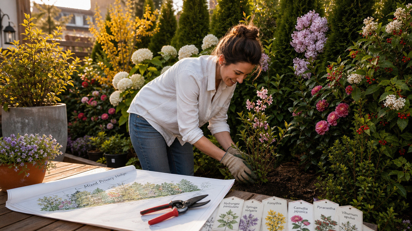 Mulher a plantar flores num jardim com luvas, perto de plantas e um plano de jardim desenhado numa mesa.