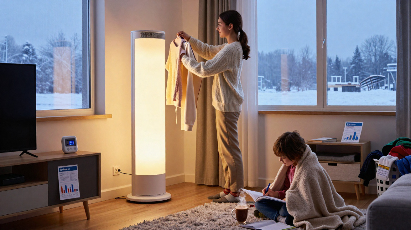 Mulher a secar roupa numa lâmpada UV enquanto criança estuda no chão coberta com manta numa sala com neve lá fora.