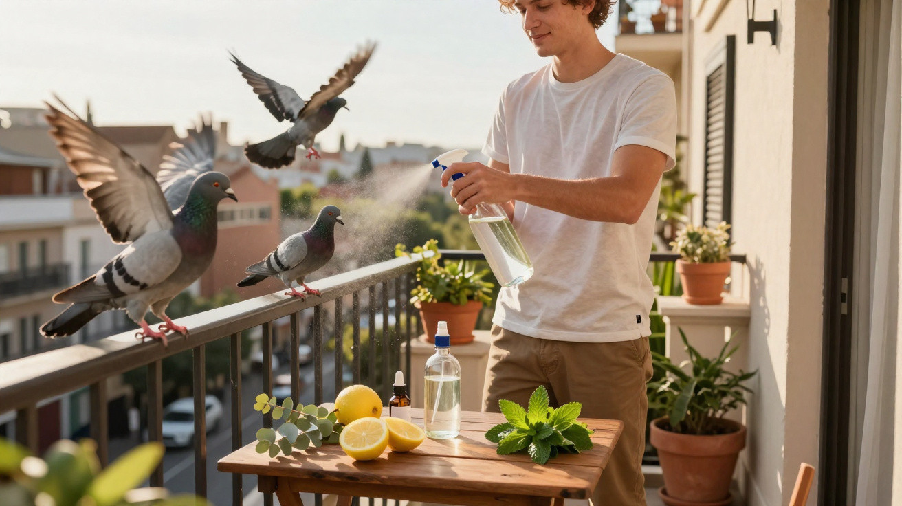 Jovem a borrifar água para afastar pombos no varandim de um apartamento com plantas à volta.