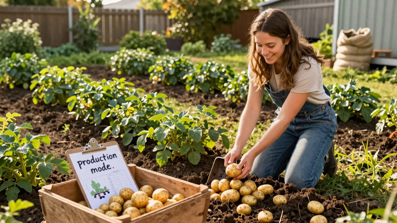 Mulher a colher batatas num campo cultivado, com cesto cheio e placa "production mode".