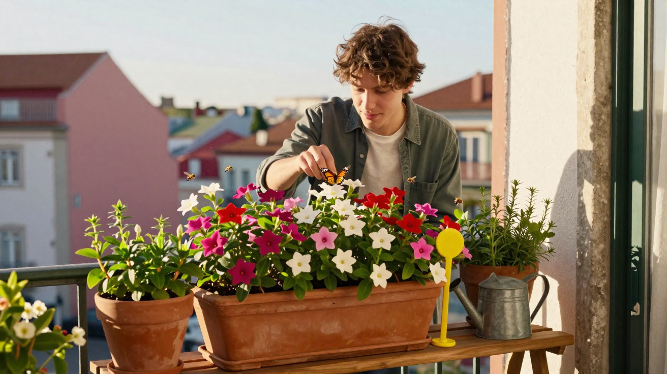 Jovem num terraço a observar uma borboleta pousada em flores coloridas em vasos de barro.