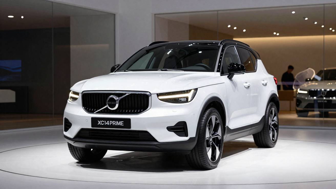 Veículo Volvo XC14 PRIME branco exposto em ambiente interior moderno com iluminação focada.