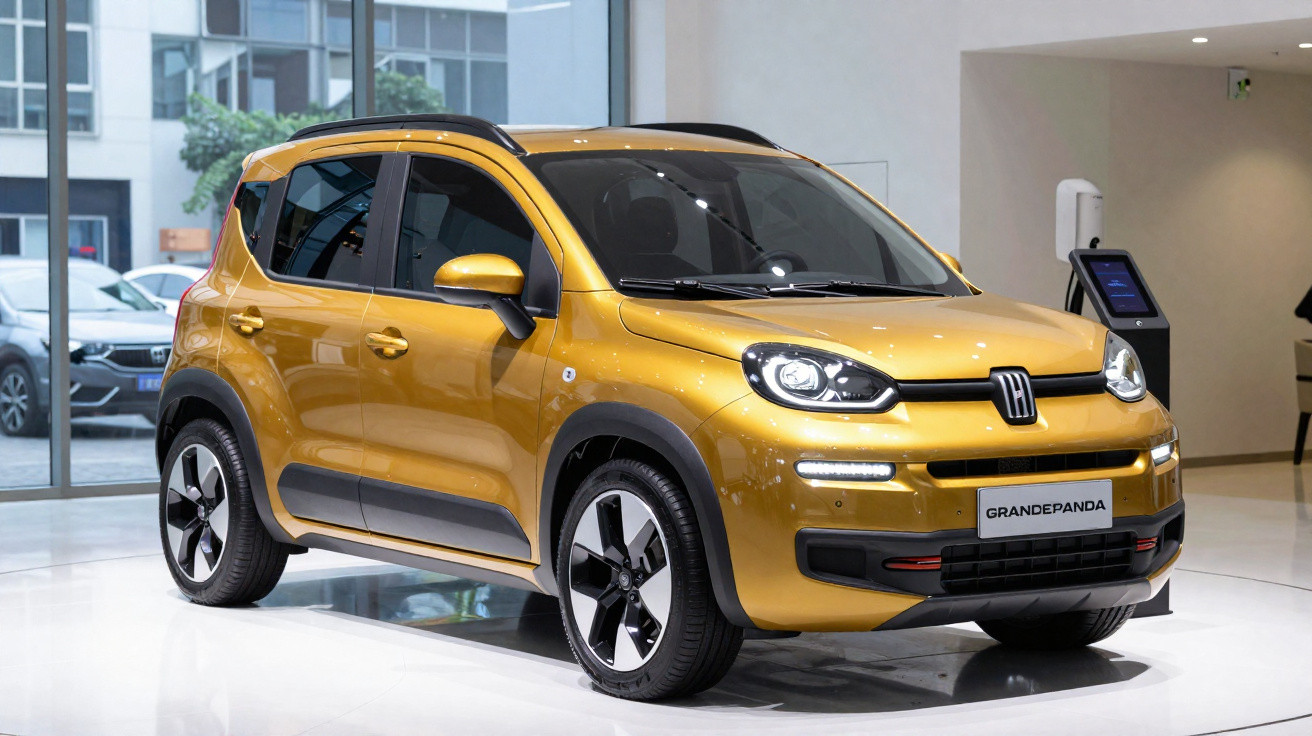 Carro compacto amarelo, modelo Grande Panda, exposto num salão com iluminação branca.