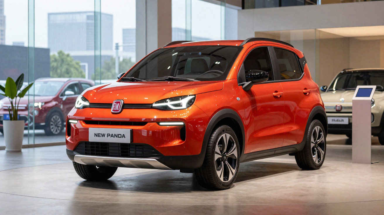 Carro novo Fiat Panda laranja exposto num salão de automóveis moderno.