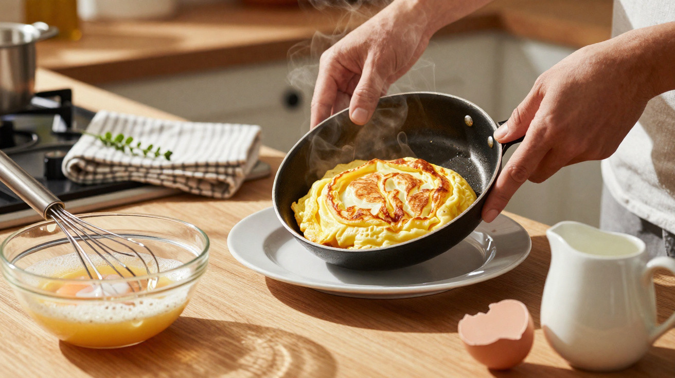 Omelete quente a ser transferida de uma frigideira para um prato numa cozinha moderna.