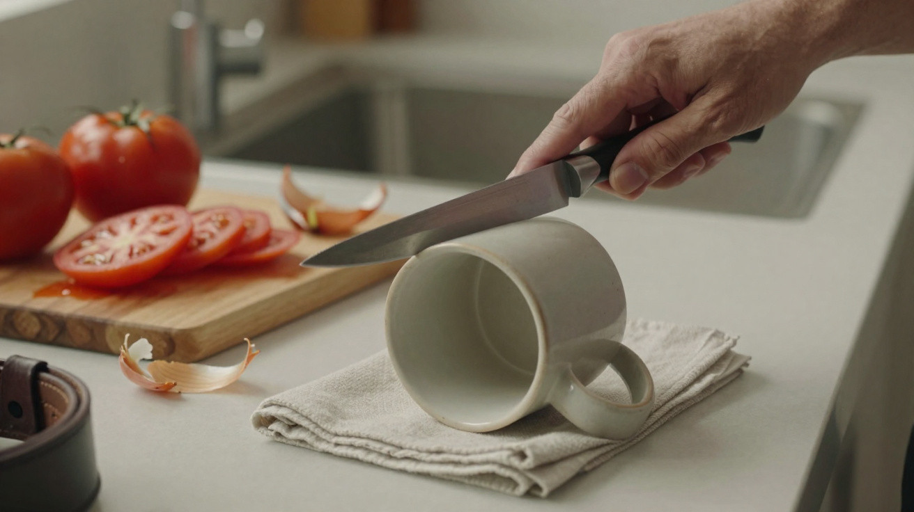 Pessoa a segurar uma faca sobre uma chávena branca junto a tomates cortados numa tábua de cozinha.