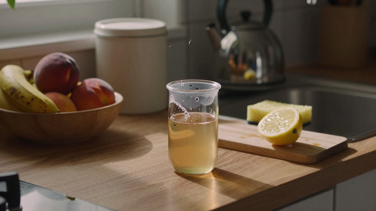 Copo com bebida sobre bancada de cozinha, com frutas, tábua de cortar e chaleira ao fundo.