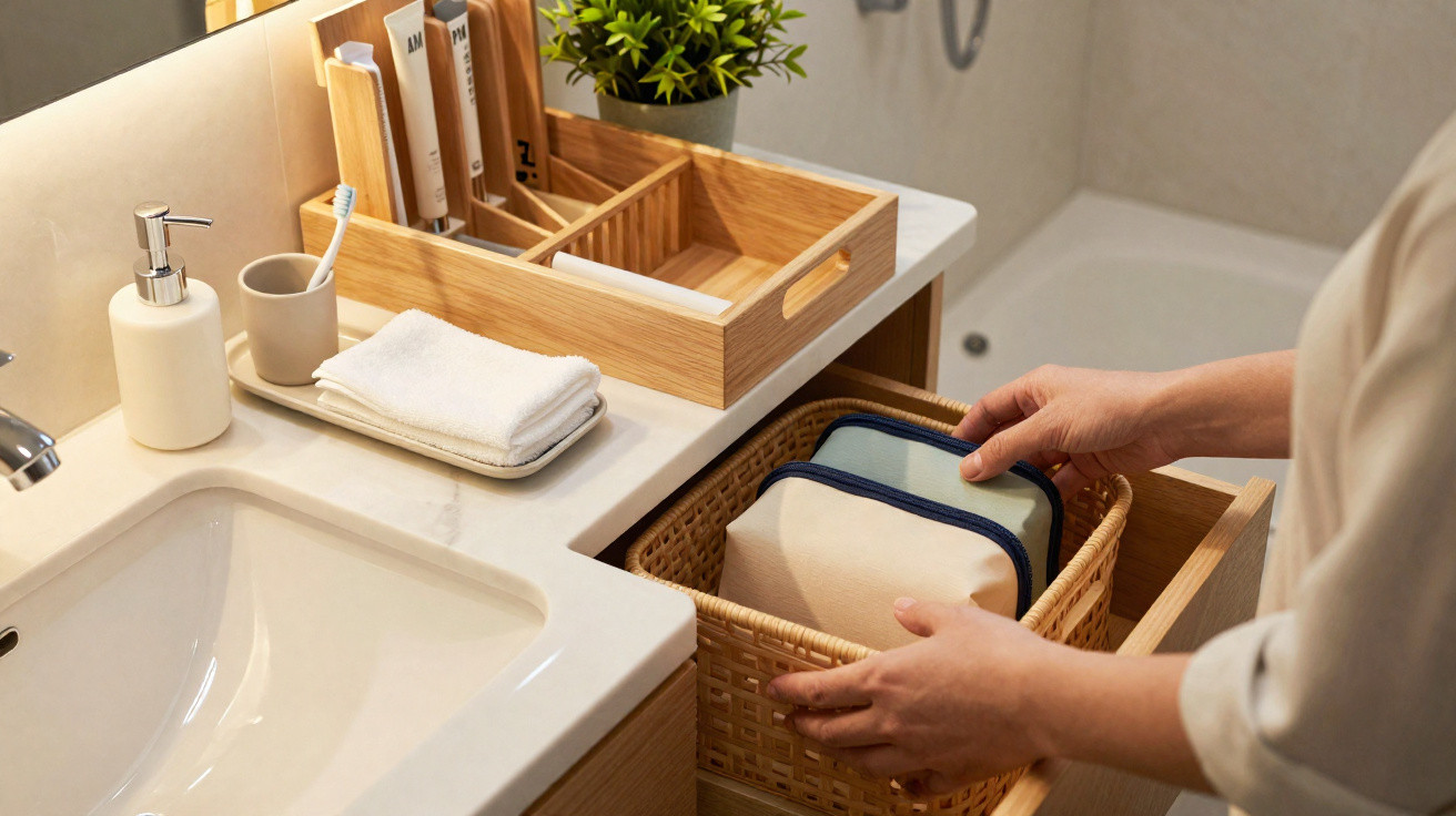 Mãos organizam cesta de vime com bolsas de higiene pessoal num guarda-roupa de casa de banho moderna.