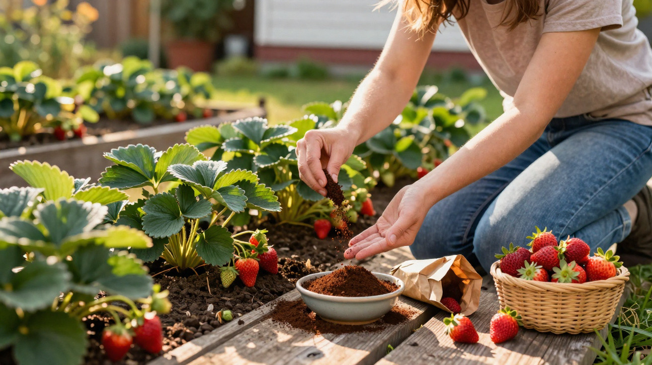 Pessoa a preparar composto orgânico para morangueiros num jardim ensolarado com morangos maduros.