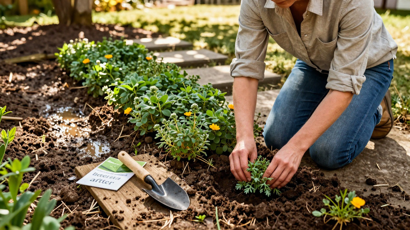 Pessoa a plantar flores numa horta com ferramentas de jardinagem ao lado em dia soalheiro.