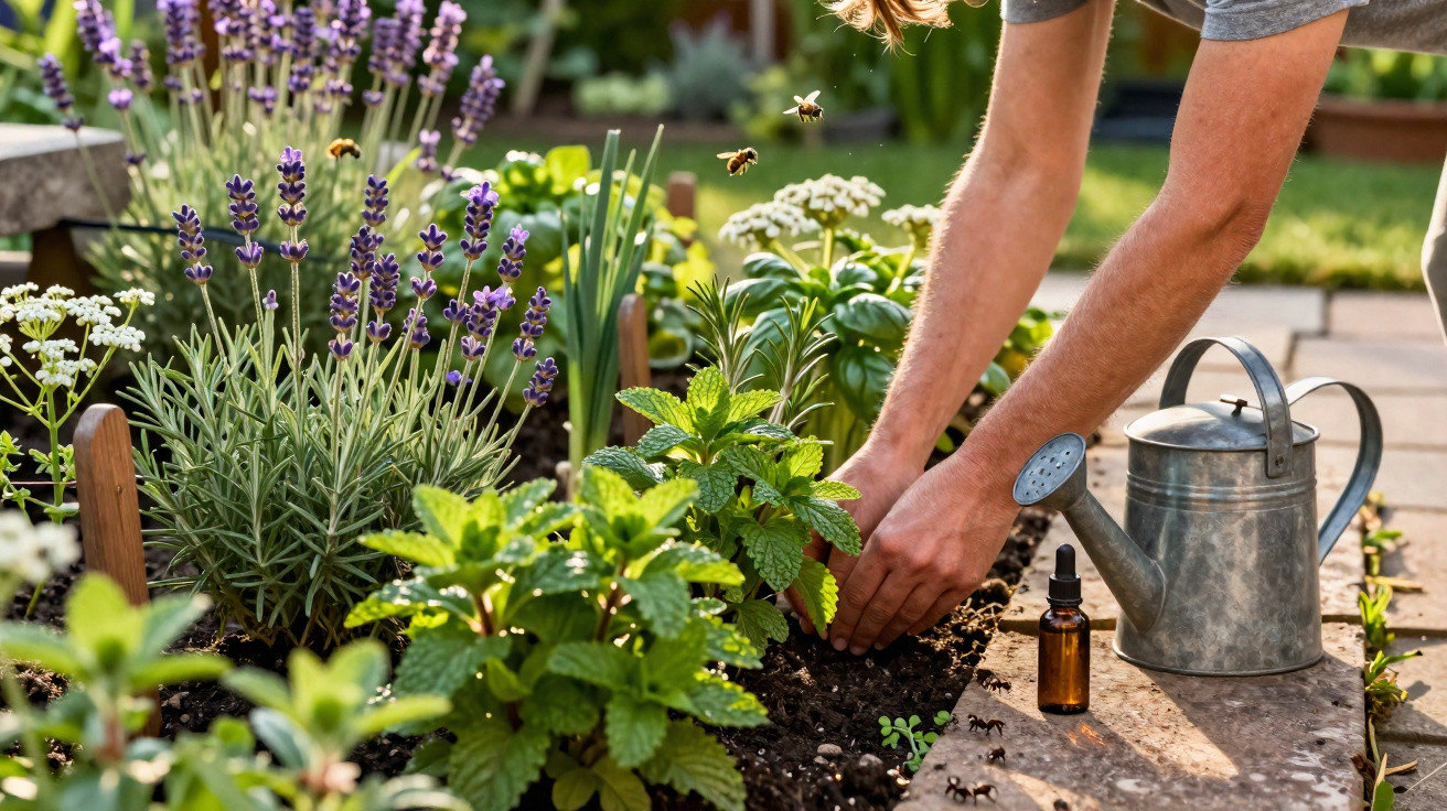 Pessoa a cuidar de plantas num jardim com regador metálico e várias abelhas a voar.