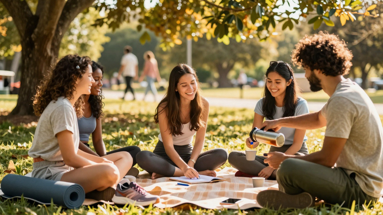 Grupo de jovens sentados no parque a conversar e a beber durante um dia ensolarado.