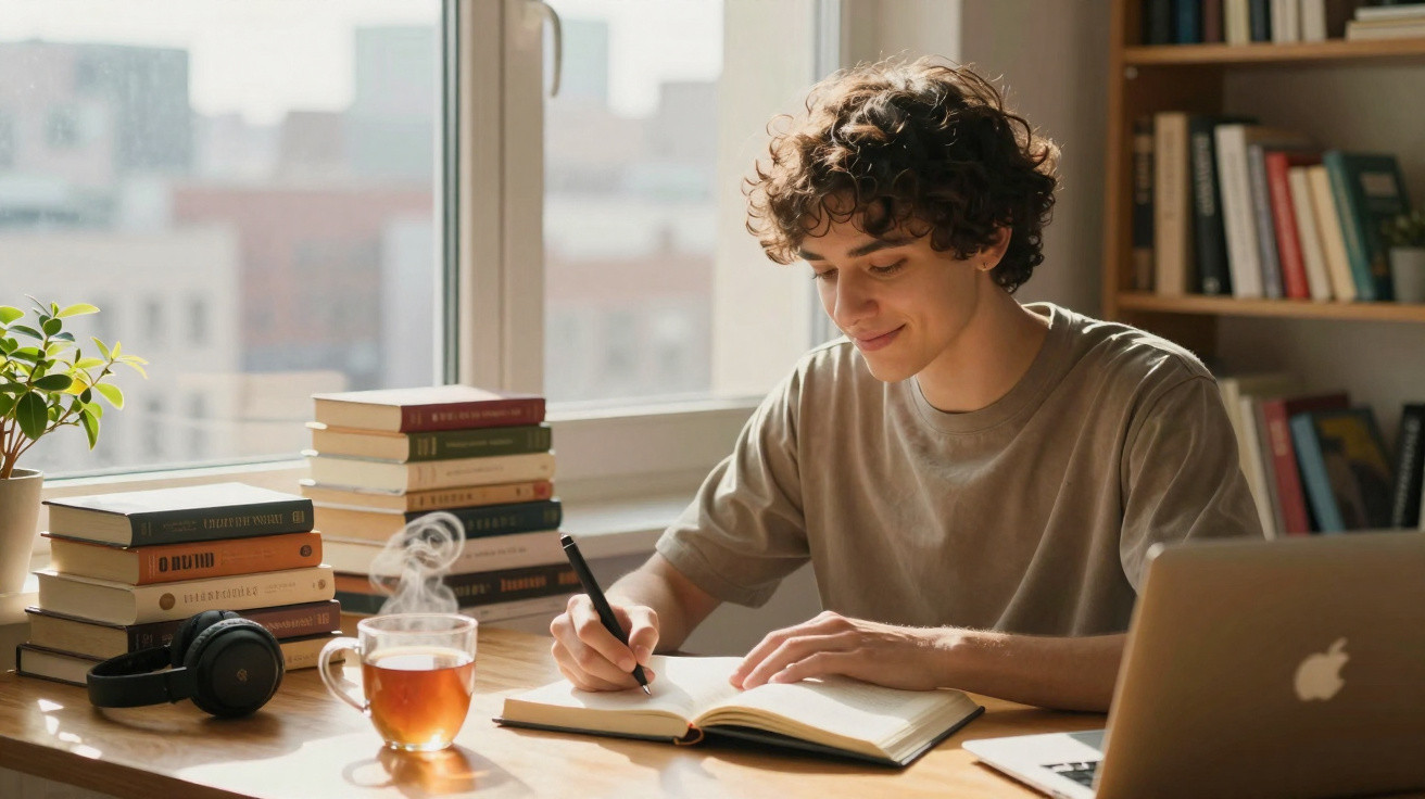 Jovem a escrever num caderno numa mesa com livros, chá quente e um computador portátil junto a uma janela.