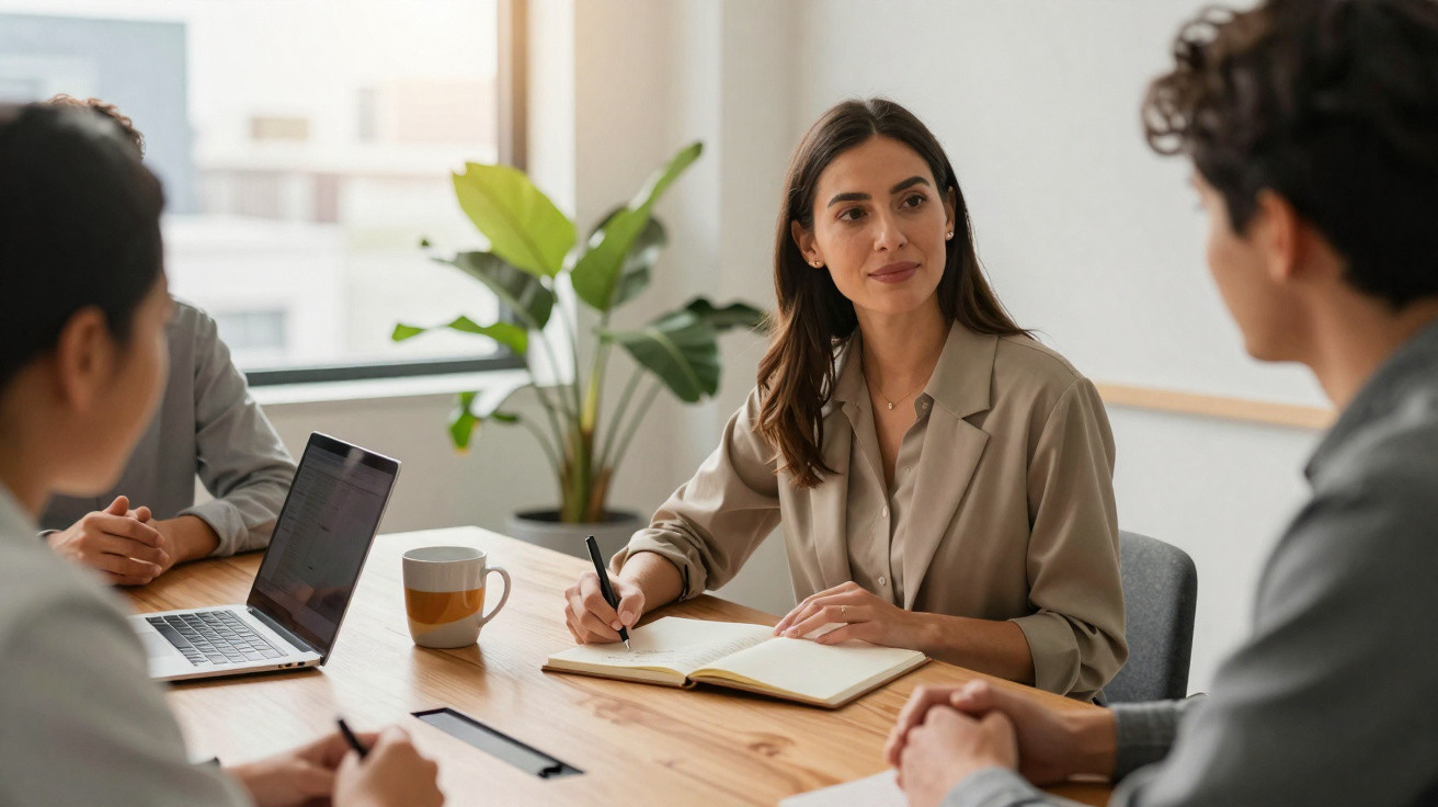 Três pessoas numa reunião de trabalho, com uma mulher a escrever numa agenda e a ouvir atentamente.