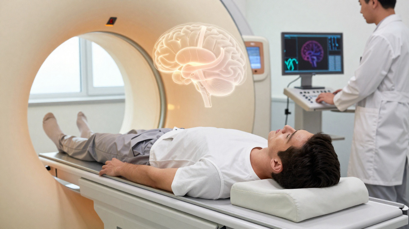 Paciente deitado para ressonância magnética cerebral, com médico a analisar imagens no computador.