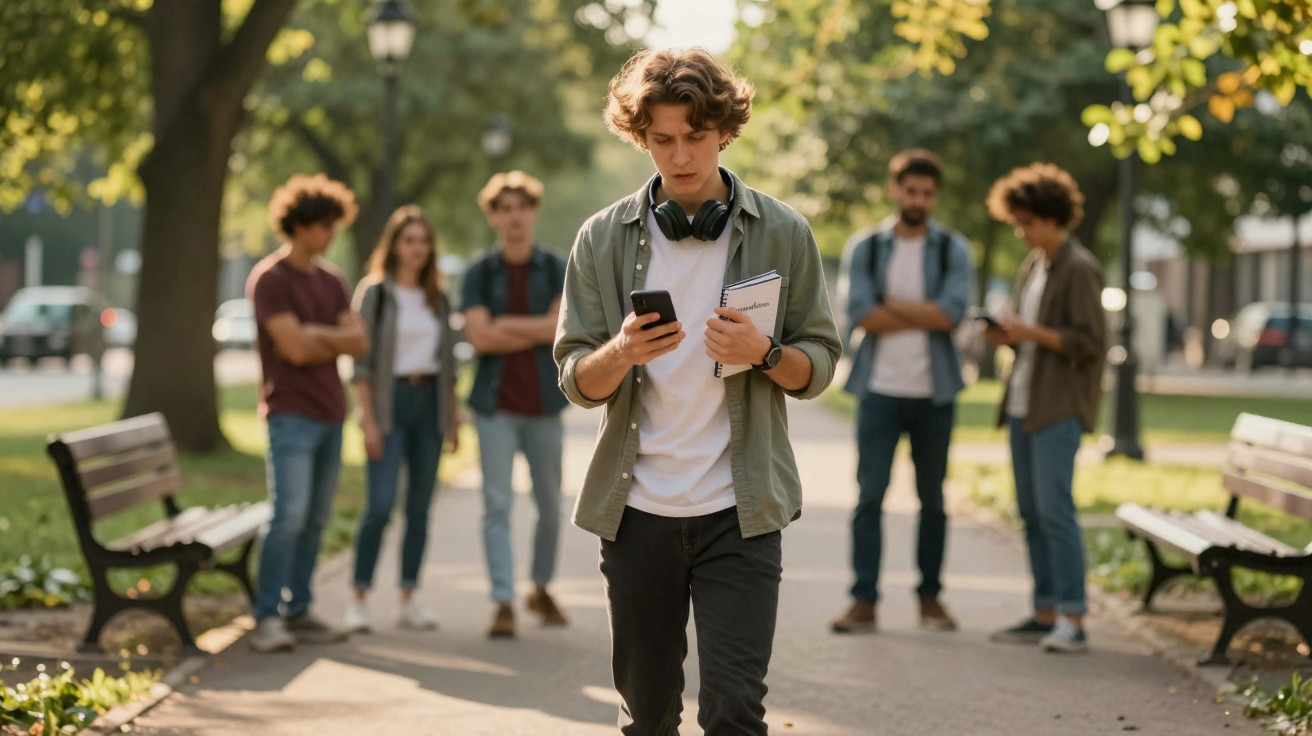 Jovem a andar no parque com auriculares e telemóvel, enquanto grupo de cinco pessoas está ao fundo, parado.