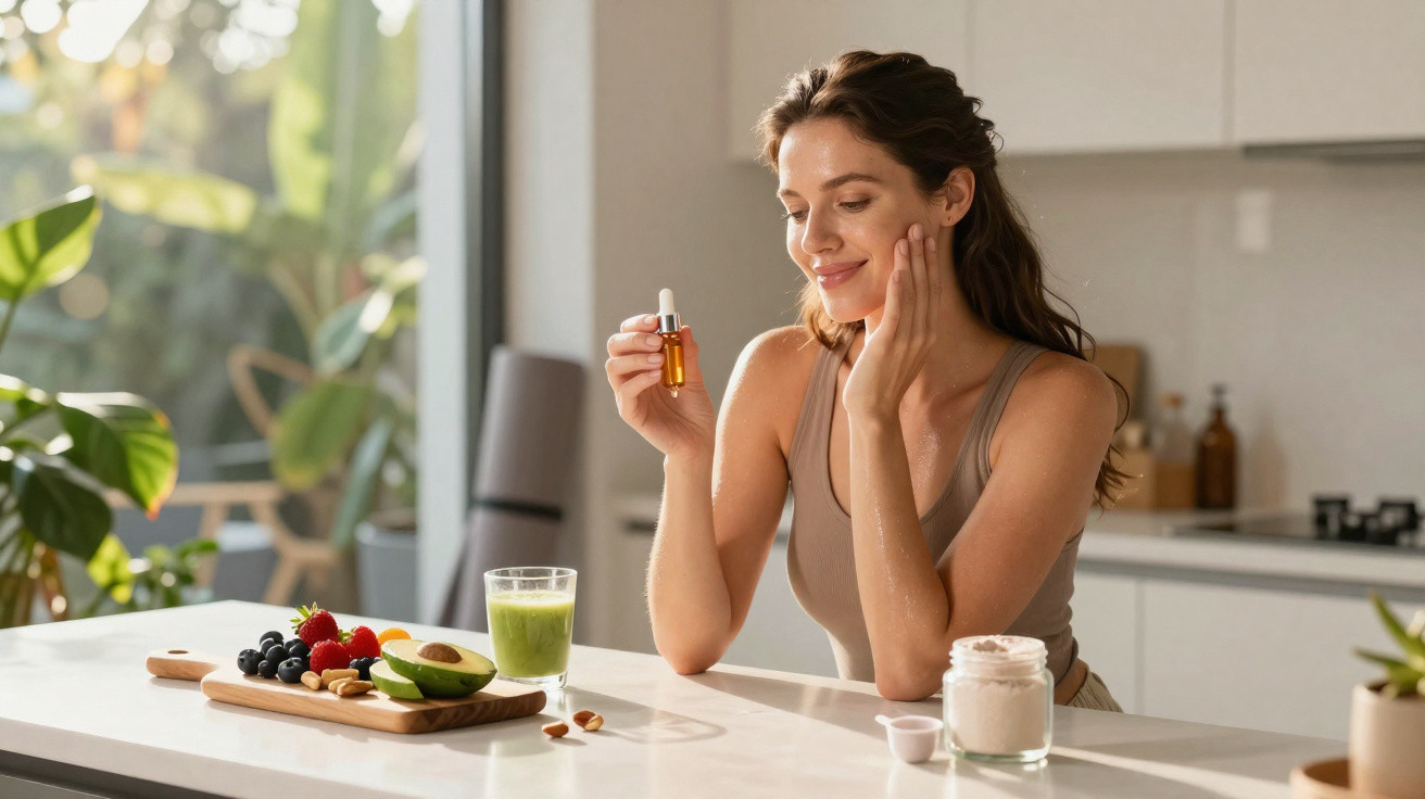 Mulher contente a aplicar óleo facial, sentada numa cozinha moderna com alimentos saudáveis à sua frente.