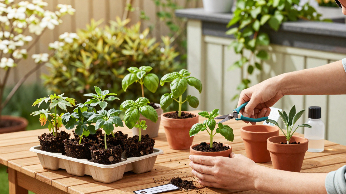 Pessoa a transplantar plantas jovens em vasos de barro num balcão de madeira no exterior.