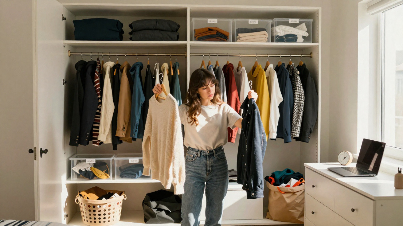 Mulher jovem a escolher roupas num armário organizado, com roupas penduradas e caixas transparentes.