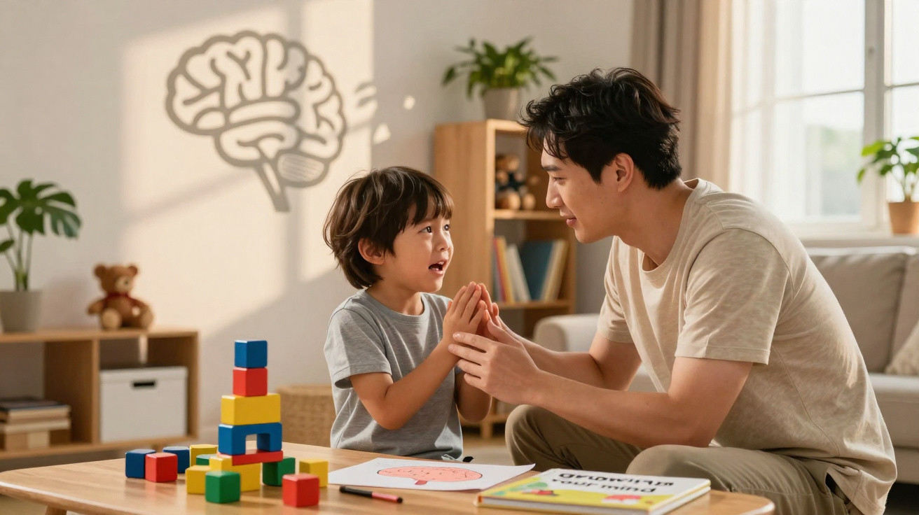 Pai e filho a brincar e aprender juntos com blocos coloridos numa sala iluminada.