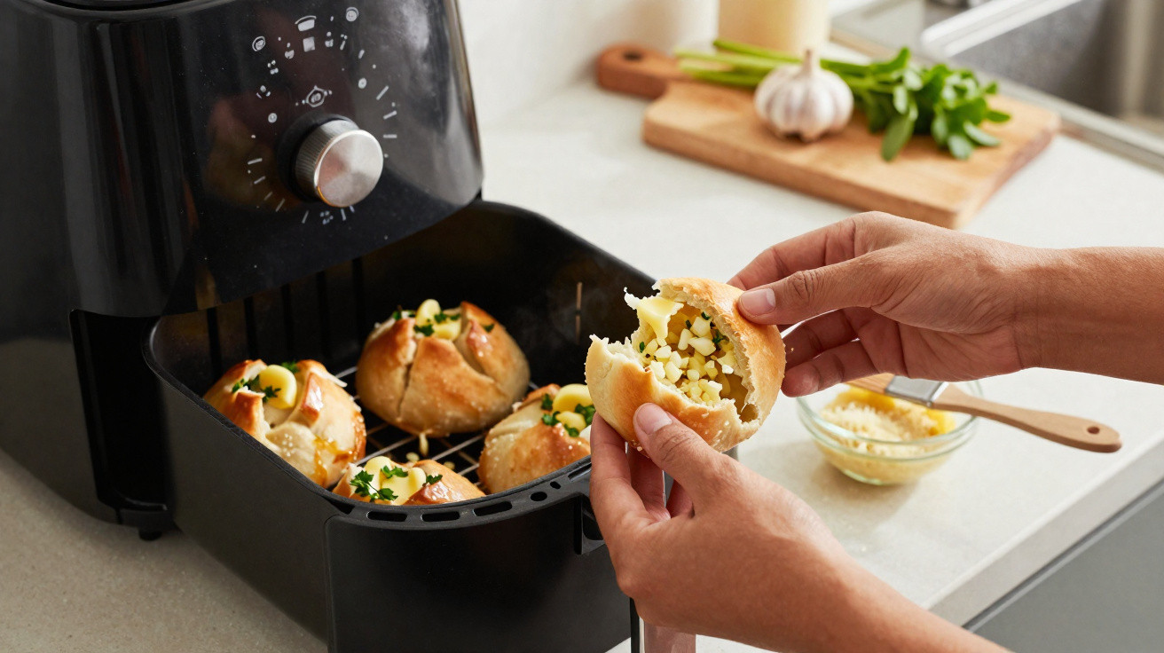 Pães recheados com milho e ervas frescas recém-saídos de uma fritadeira de ar num balcão de cozinha.