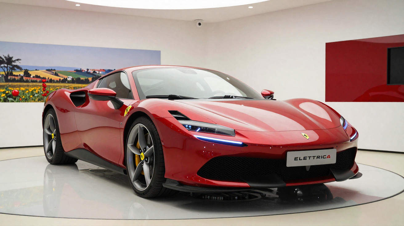 Carro desportivo Ferrari vermelho elétrico modelo Elettrica exposto em salão moderno e minimalista.