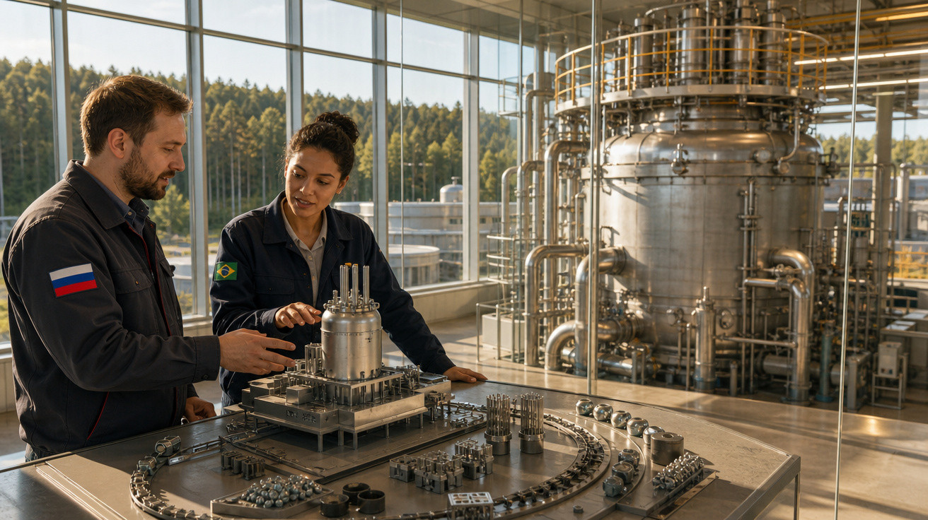 Dois engenheiros analisam maquete de instalação industrial numa sala com grandes janelas e equipamentos metálicos.