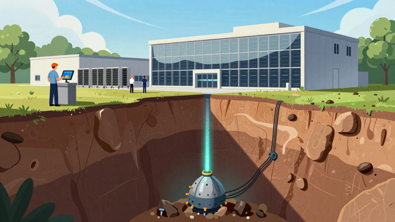 Ilustração de edifício moderno com aparelho tecnológico subterrâneo ligado por cabos, pessoas no exterior a operar equipament
