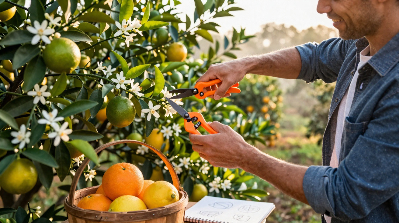 Homem a podar ramo de laranjeira florida com tesoura de poda e cesto com laranjas e limões.