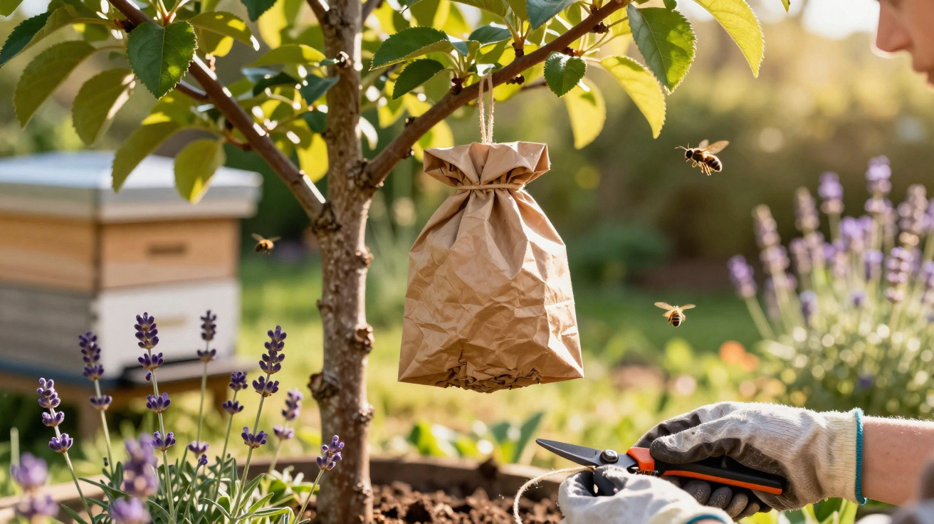 Saco de papel pendurado numa árvore para proteção, com abelhas a voar e pessoa a podar plantas com tesoura de jardim.
