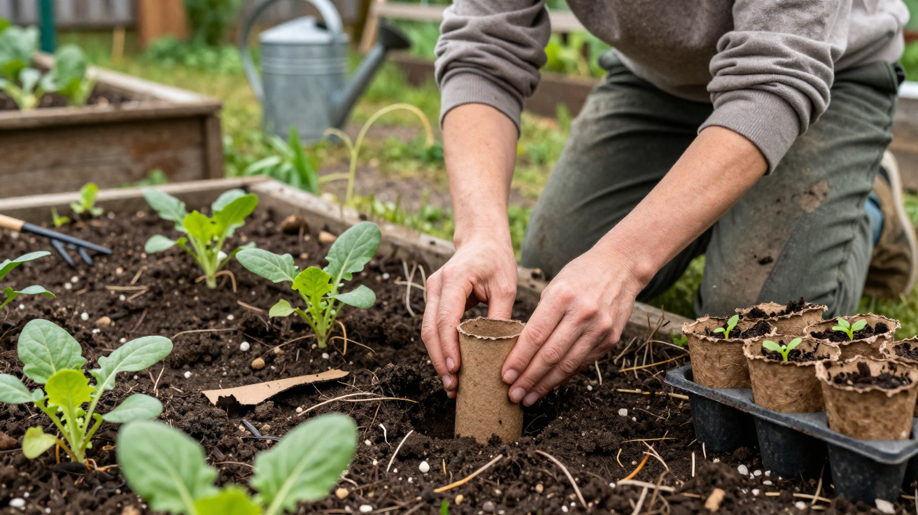 Mãos a plantar uma muda num vaso biodegradável num canteiro com plantas jovens e terra húmida.