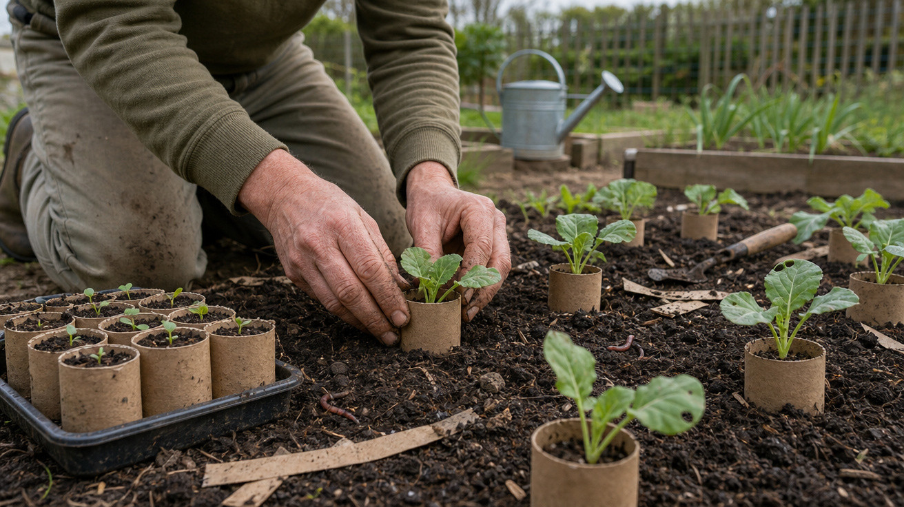 Pessoa a transplantar pequenas plantas em tubos biodegradáveis no solo de um jardim, com regador ao fundo.