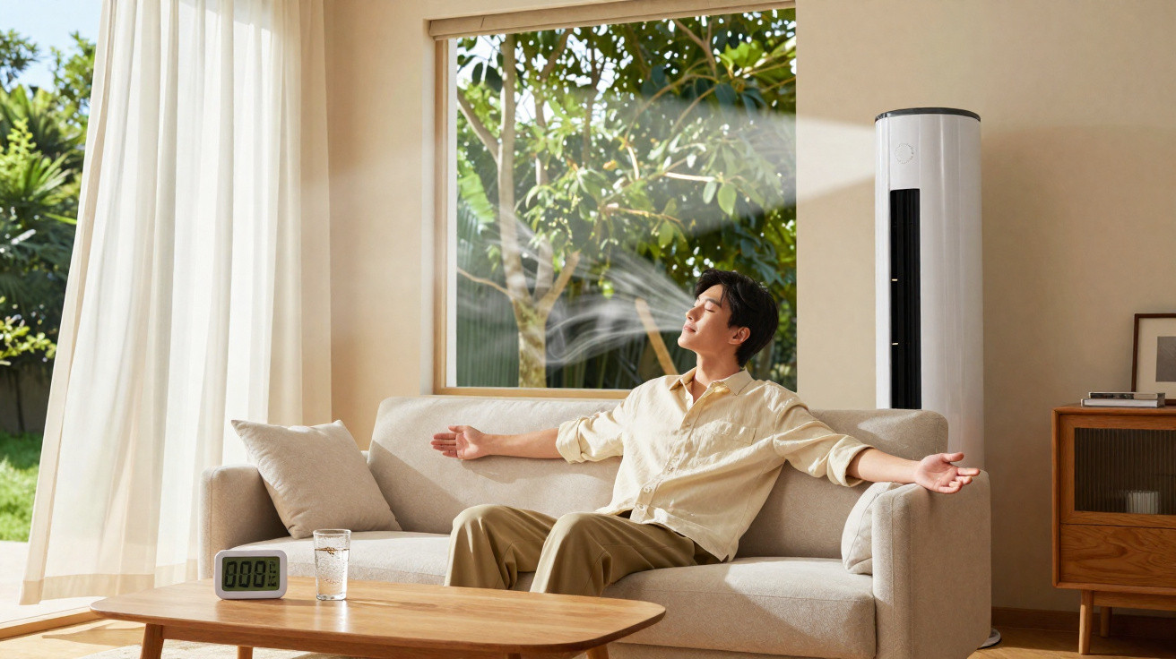 Homem relaxa no sofá com ar-condicionado ligado numa sala luminosa com vista para jardim verde.