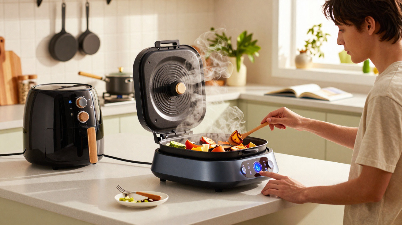 Pessoa a cozinhar legumes numa fritadeira de ar quente na cozinha moderna.