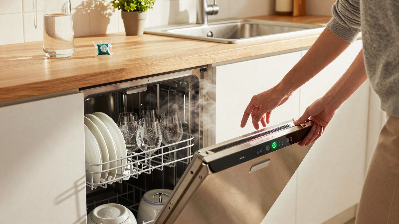Mãos de pessoa abrindo máquina de lavar loiça com vapor saindo, loiça limpa e bancada de madeira na cozinha.