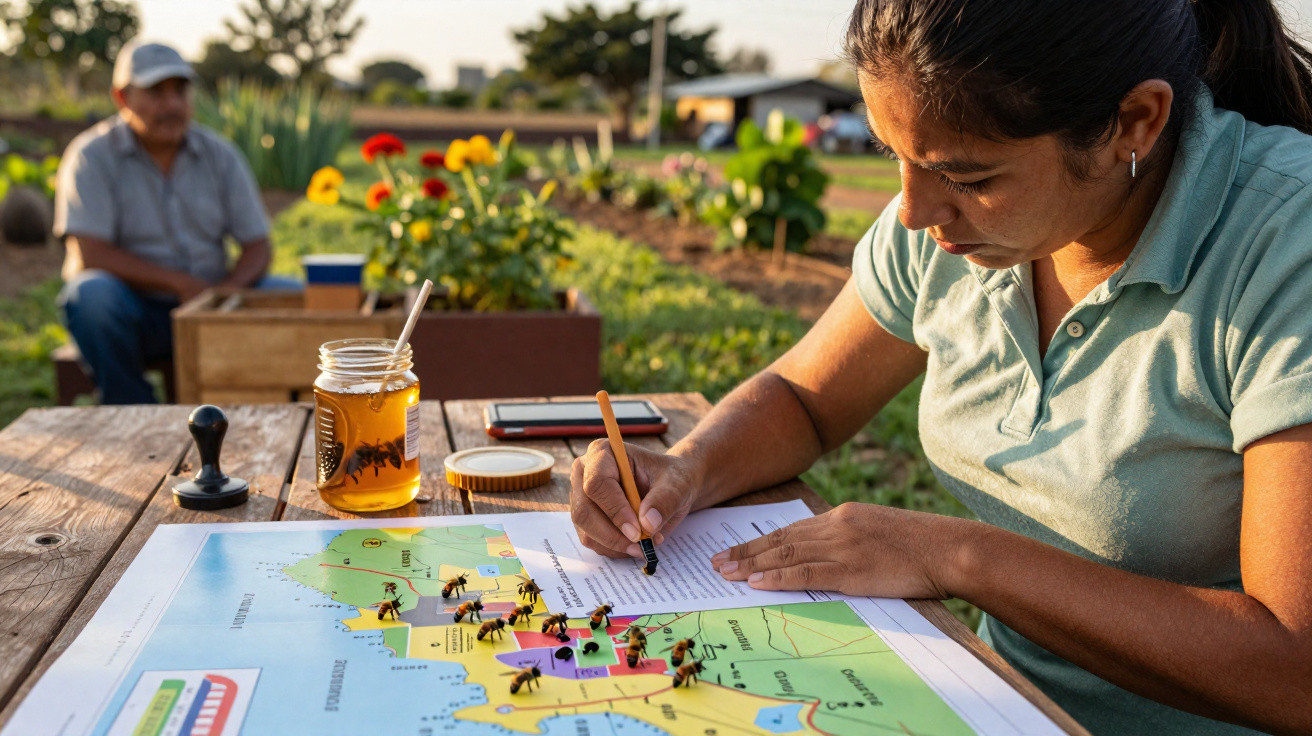 Mulher a escrever junto a mapa com figuras de abelhas, frasco de mel e homem ao fundo num campo.