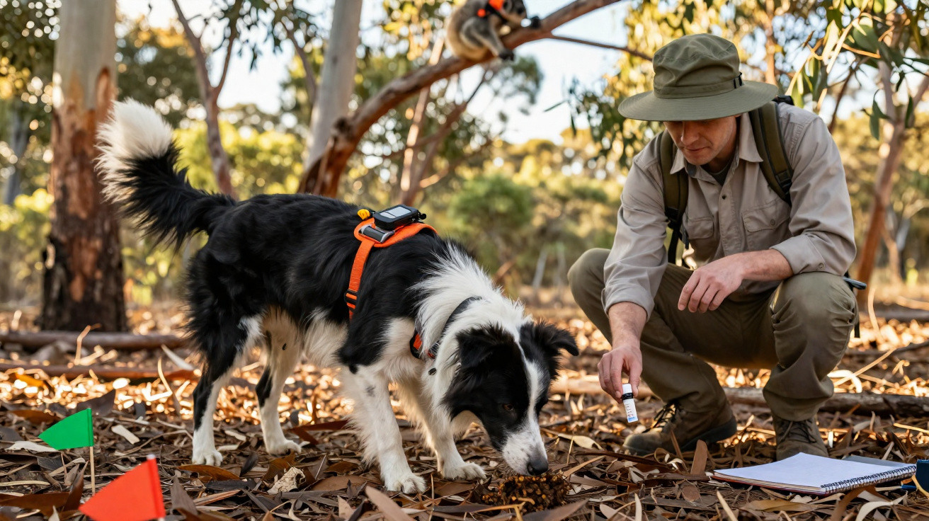 Homem com chapéu e cão com arnês laranja a investigar algo na floresta com marcas coloridas no chão.