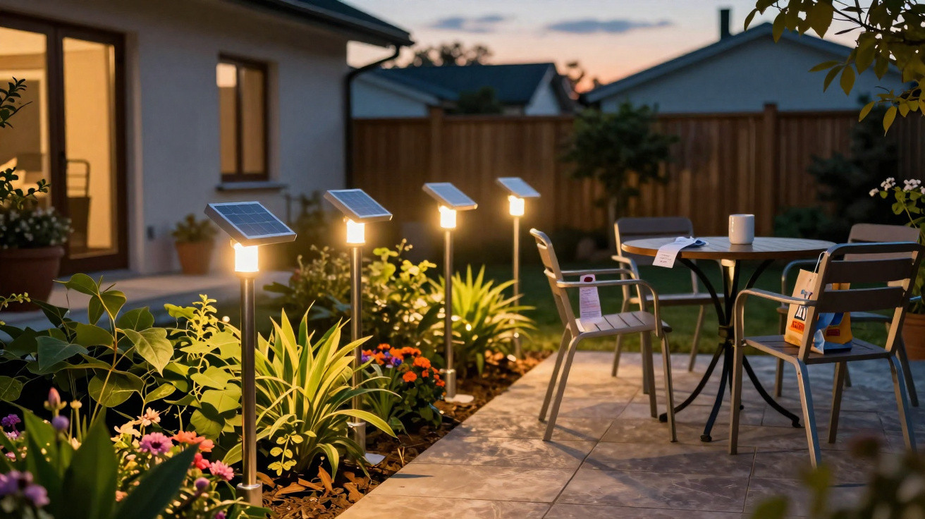 Jardim iluminado com lâmpadas solares alinhadas junto a plantas e mesa com cadeiras ao entardecer.