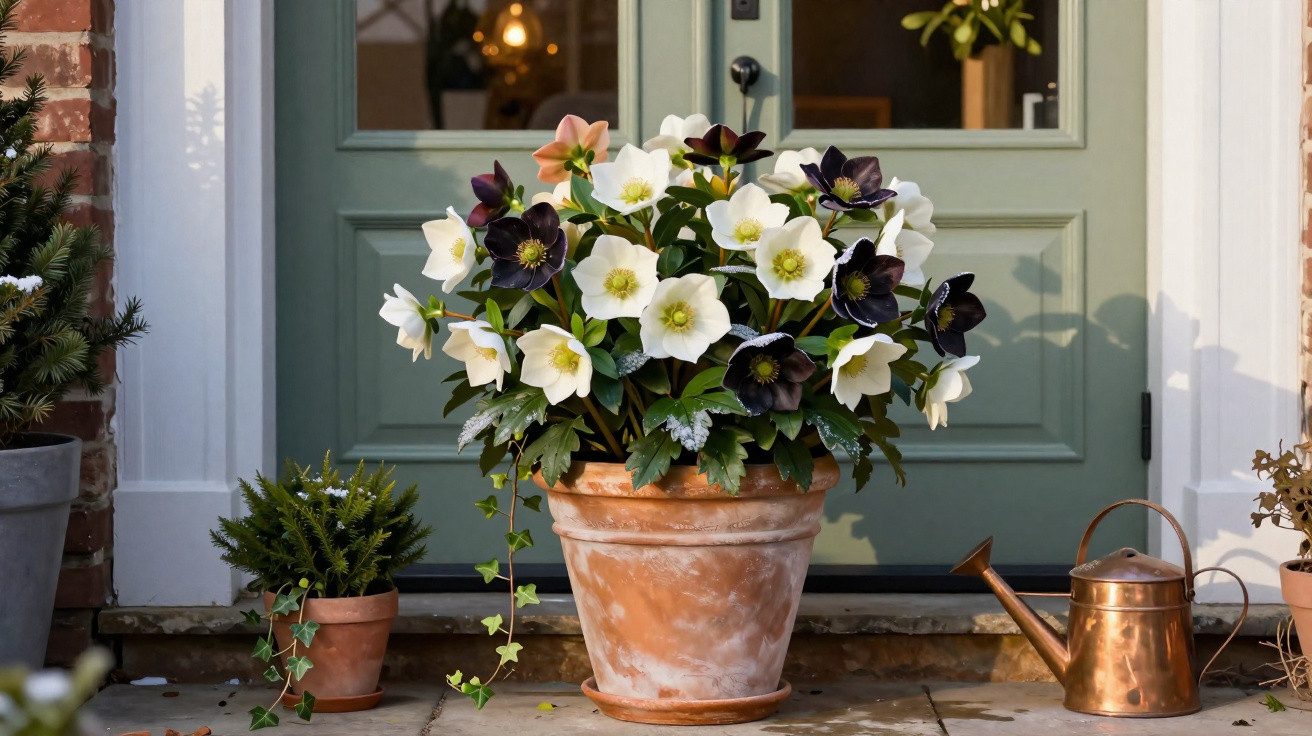 Vaso de barro com flores brancas e escuras à entrada de uma casa com porta verde e regador de cobre ao lado.