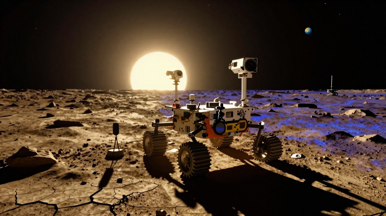 Rover exploratório na superfície lunar com o Sol e a Terra visíveis no horizonte escuro do espaço.