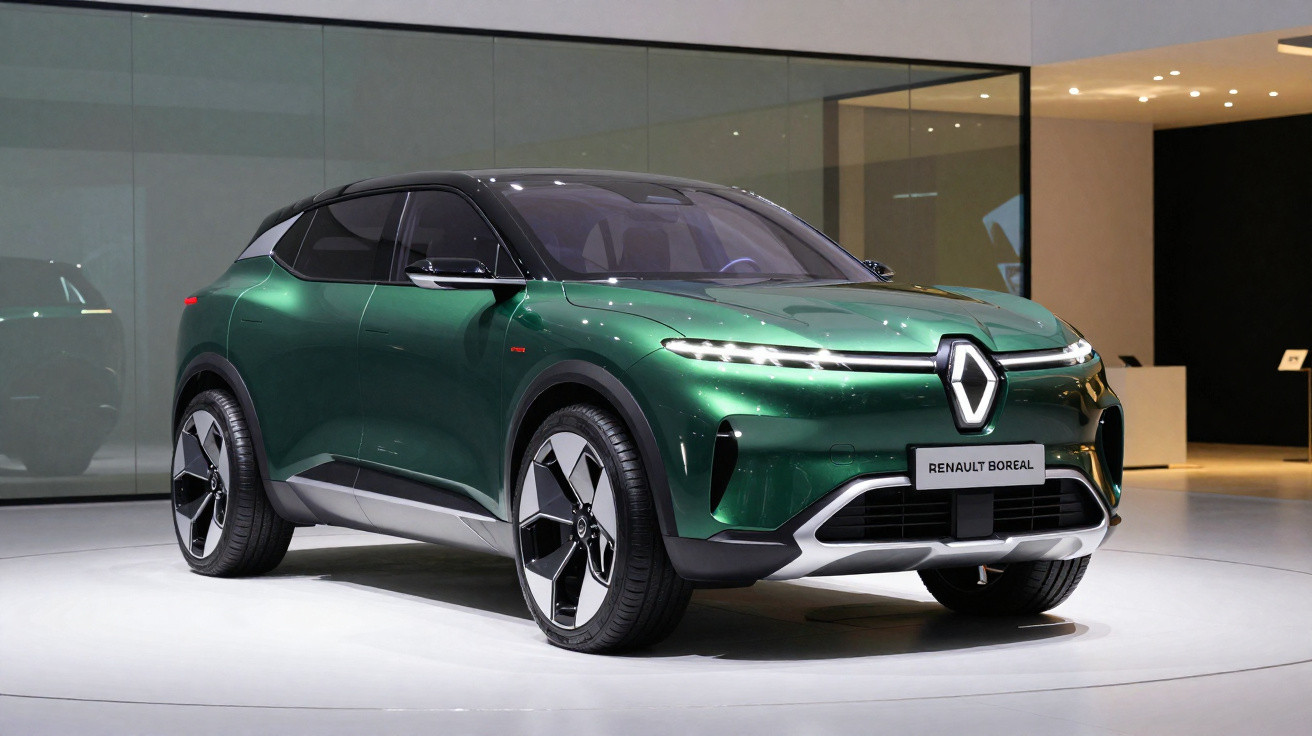 Carro elétrico Renault Boreal verde metálico exibido num salão automóvel moderno.